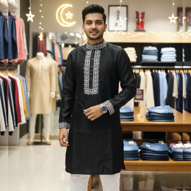 Dupion Silk Wedding Black panjabi