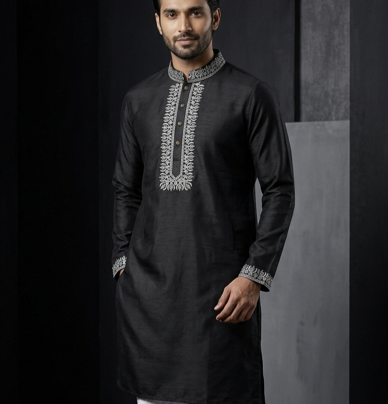 Dupion Silk Wedding Black panjabi