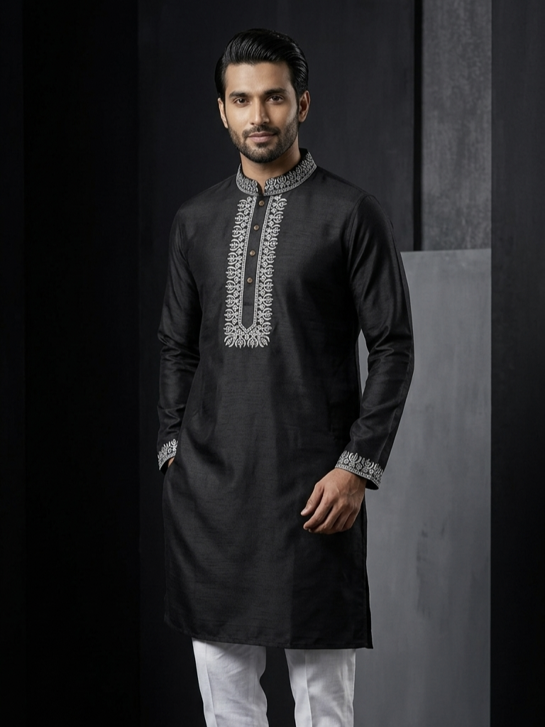 Dupion Silk Wedding Black panjabi