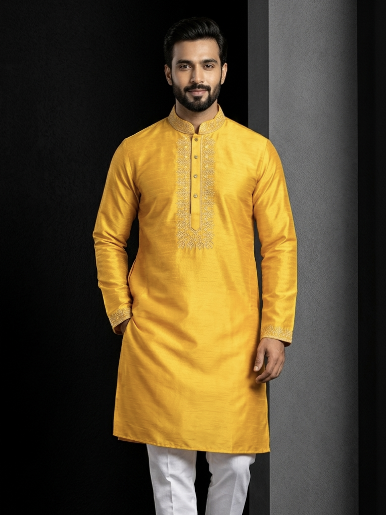 Dupion Silk Wedding Yellow panjabi
